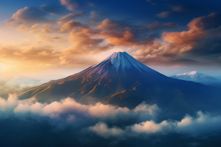 Mt. Fuji with clouds at sunset, 3D illustration.の素材