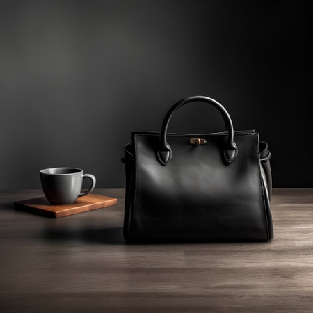 Black leather bag and cup of coffee on wooden table. Black background.の素材