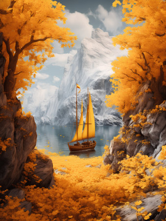 Sailing boat in the autumn landscape. 3d render illustration.の素材