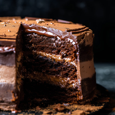 Chocolate cake on a dark background. tinting. selective focusの素材