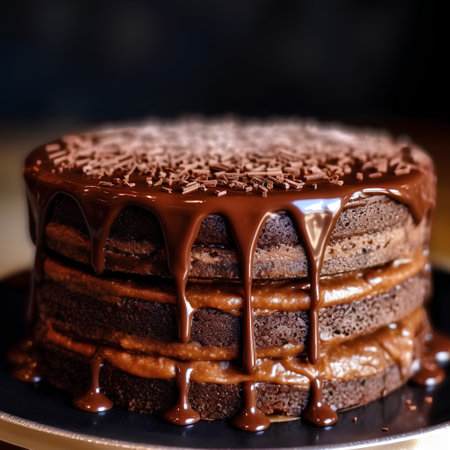Chocolate cake with chocolate glaze on dark background, closeupの素材