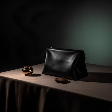 Black leather clutch bag on the table in dark room, 3d renderの素材