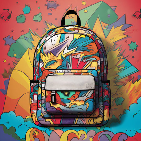 Vector illustration of a backpack with colorful doodles on the background.の素材