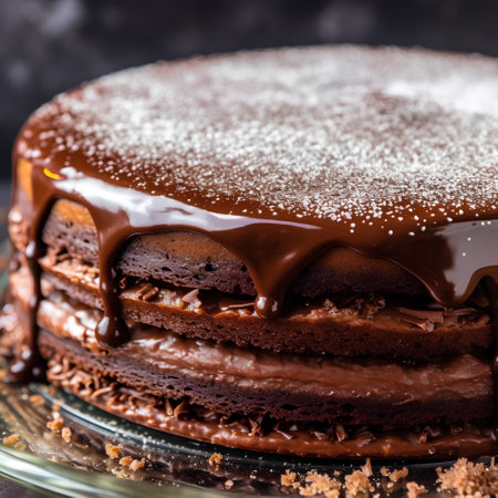 Chocolate cake with chocolate glaze on dark background. Selective focus.の素材