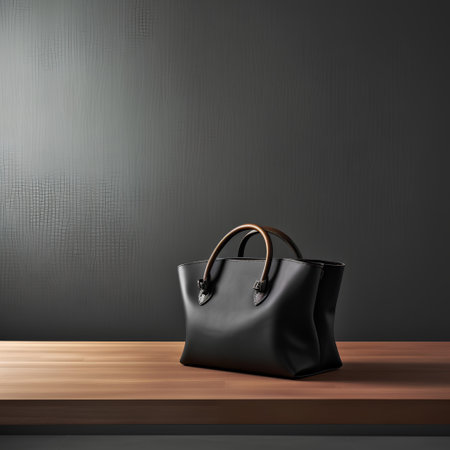Black leather handbag on wooden table in front of blackboard. 3d renderの素材
