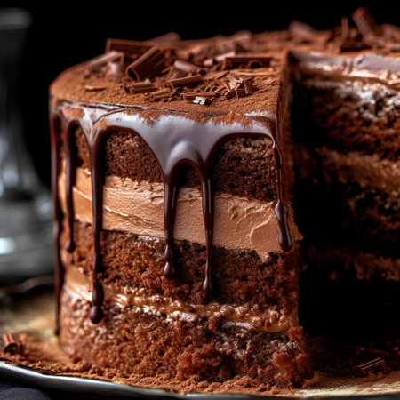 Piece of chocolate cake with chocolate glaze on a dark backgroundの素材