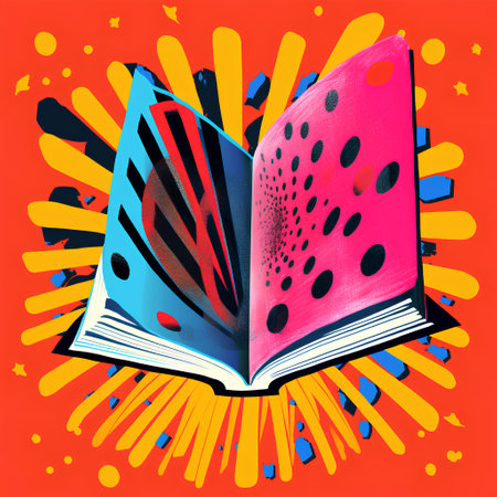 Painted open book with watermelon pattern on a colorful background.の素材