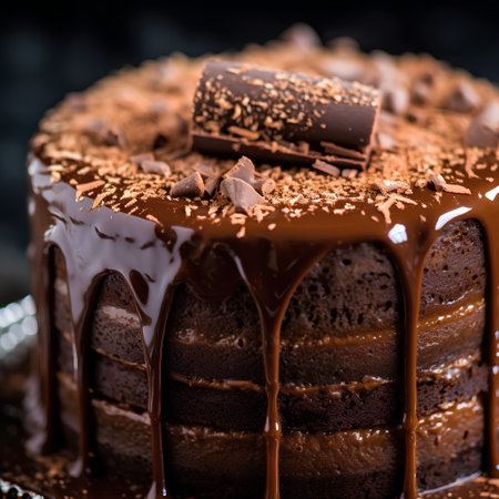 Chocolate cake with chocolate glaze on a dark background. Selective focus. Toned.の素材
