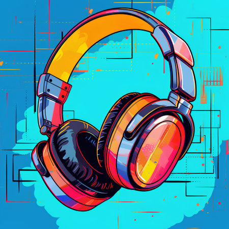 Headphones for listening to music on a colorful background. Vector illustration.の素材