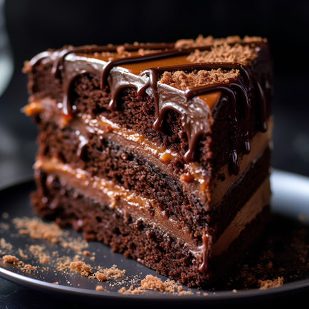 Chocolate cake with caramel on a dark background. Selective focus.の素材