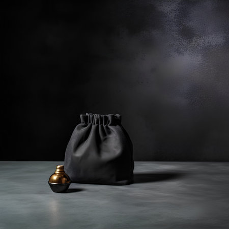 Black bag with perfume on a dark background. 3d rendering.の素材