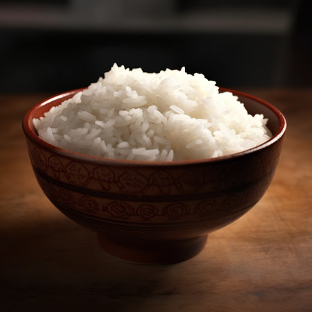 Rice in a bowl on a wooden table, shallow depth of fieldの素材
