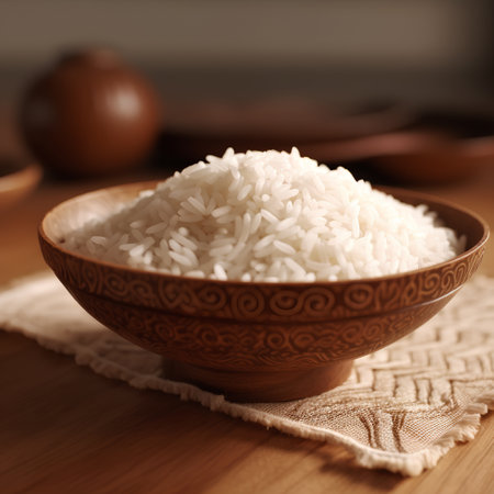 bowl of rice on a wooden table, shallow depth of field.の素材