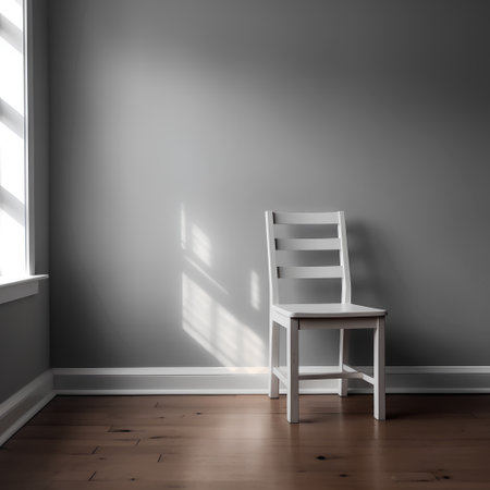 3d rendering of a white chair in a room with a gray wallの素材