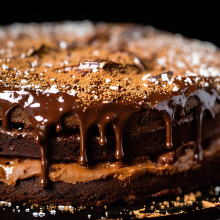 Chocolate cake with chocolate glaze on a dark background. Selective focus.の素材