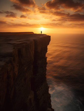 Man standing on cliff and looking at sunset. 3D Renderingの素材