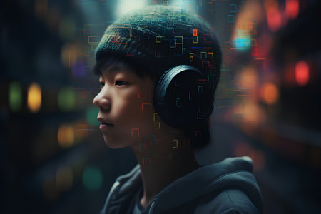 Young man with headphones listening to music on a dark background. Toned imageの素材