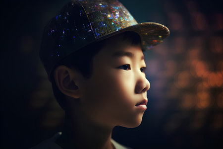 Portrait of a boy in a baseball cap against a dark backgroundの素材