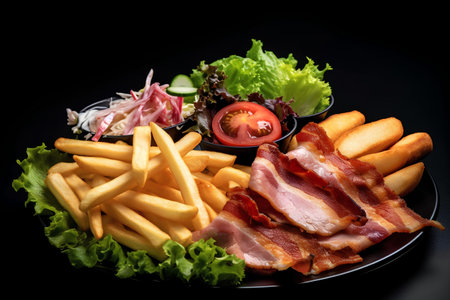 Sliced bacon and french fries with salad on black background.の素材