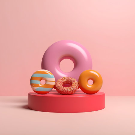 3d render of pink podium with donuts and glaze.の素材