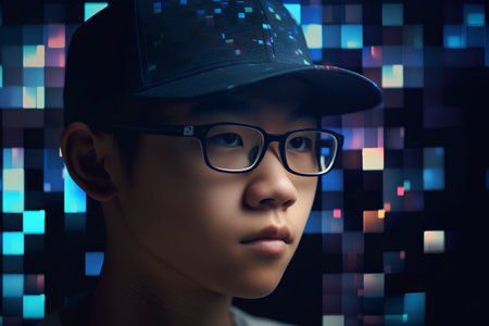 Portrait of young Asian man in cap and glasses on black background.の素材