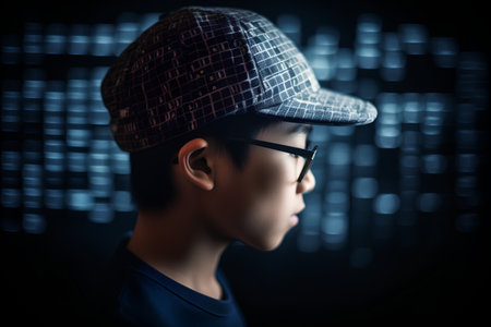 Portrait of a young man wearing a cap and glasses against a dark background with binary codeの素材