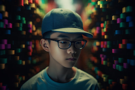 Portrait of a boy in a baseball cap and glasses against a background of colored cubesの素材