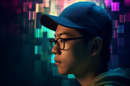 Portrait of a young man wearing cap and glasses on abstract backgroundの素材