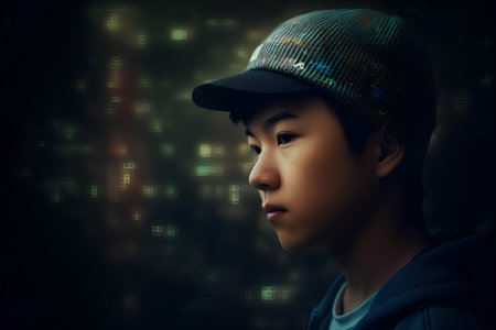 Asian boy wearing a cap and looking at the camera on a dark backgroundの素材