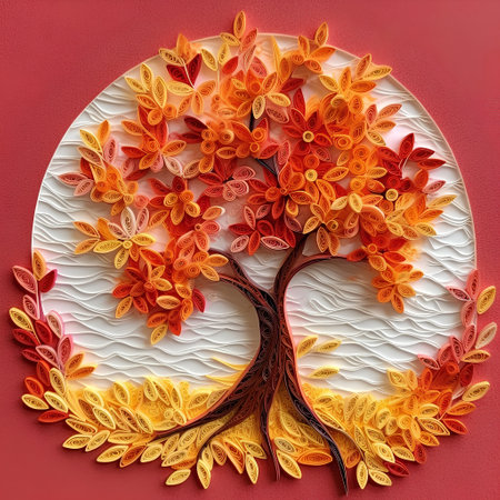 Autumn tree made of paper on a red background. 3d illustrationの素材