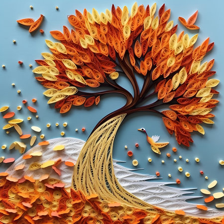 Tree made of autumn leaves on blue background. Paper cut style.の素材