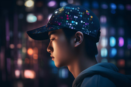 Portrait of a teenage boy in a cap on a dark backgroundの素材