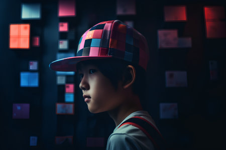 Portrait of a little boy in a cap on a dark backgroundの素材