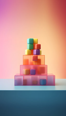 3d rendering of a pyramid of multi-colored cubes on a blue backgroundの素材