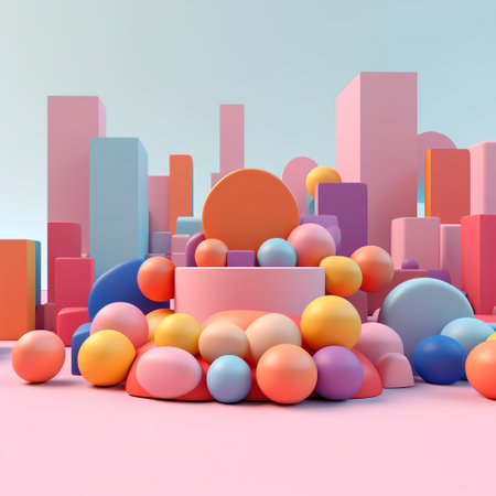 3d render of abstract geometric composition. Minimal geometrical background with podium, pedestal and colorful balls.の素材