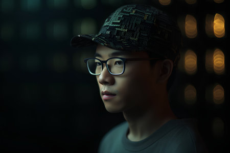 Portrait of a handsome young Asian man wearing a cap and glassesの素材