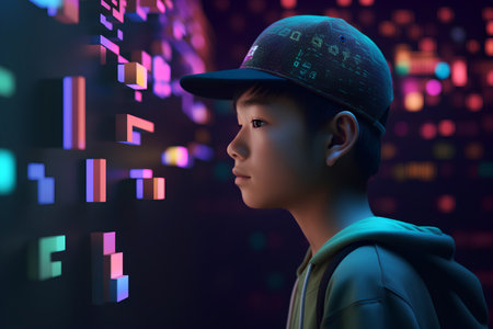 3d rendering of a boy in a cap with a binary codeの素材