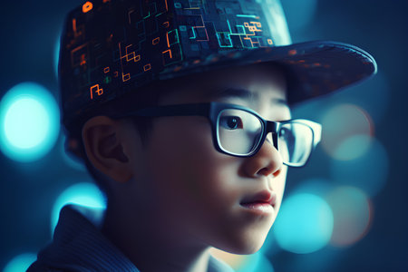 Portrait of a boy in a hat and glasses. 3d rendering.の素材