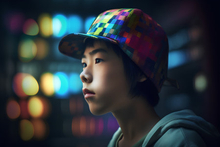 Portrait of a beautiful Asian girl in a cap with a colorful backgroundの素材