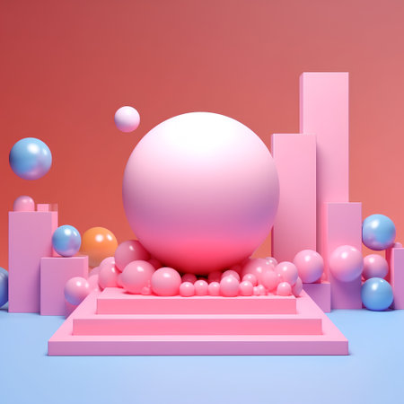 3d render of abstract geometric forms. Glossy pink podium with blue and pink balls on a pink background.の素材