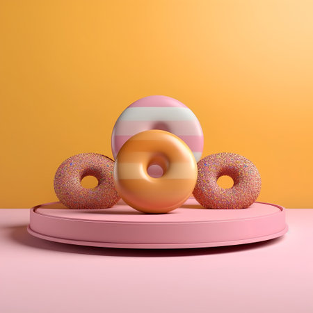 3d render of minimal abstract geometric forms. Glossy podium with colorful donuts.の素材