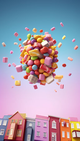 3d rendering of a group of colorful sweet candies flying in the skyの素材