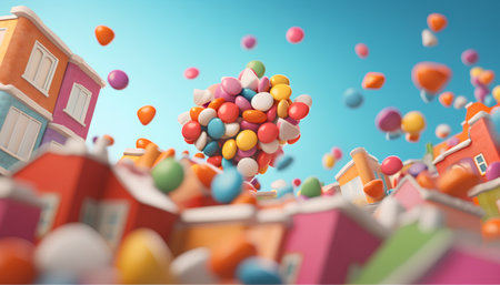 3d render of colorful balloons flying in the shape of a houseの素材