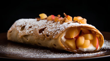 Crepes stuffed with apricots and cream on a black backgroundの素材