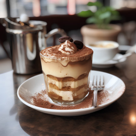 Classic tiramisu dessert in a glass cup on table in cafeの素材