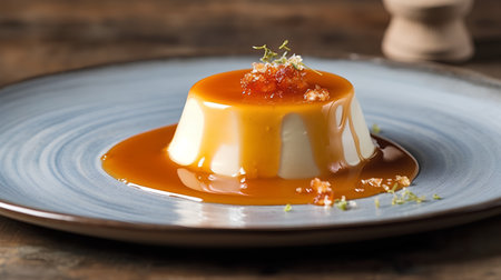 Panna cotta with caramel sauce on a rustic wooden backgroundの素材