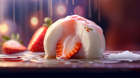 Strawberry pudding with cream and fresh strawberries on a dark backgroundの素材