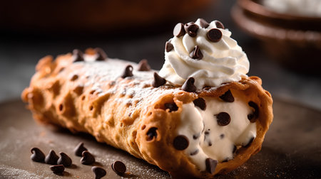 Chocolate puff pastry with whipped cream and chocolate chips on a dark backgroundの素材