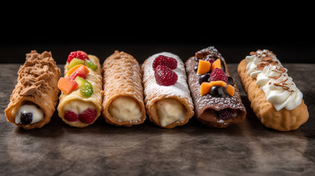 Group of colorful eclairs with different fruits on a black backgroundの素材