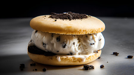 Chocolate donut with ice cream on a black background, squareの素材